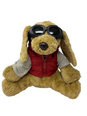 AE Dog Plush Goggles 14 inches Red Zipper Vest Cuddly Soft Toy Stuffed Animal